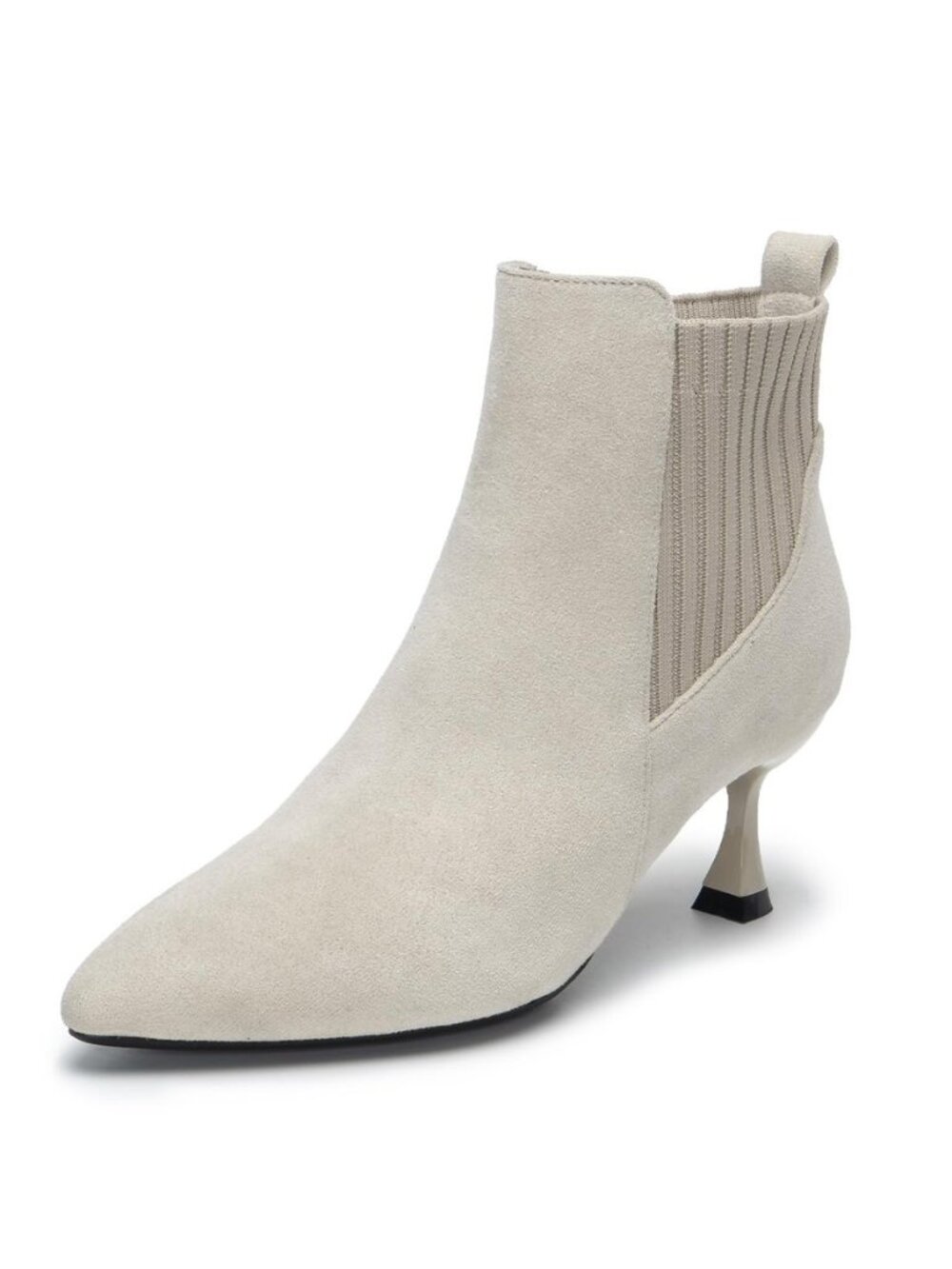 Women's Pointed Toe Kitten Heel Booties - Suede Knit Sock Ankle Boots, Low Heel